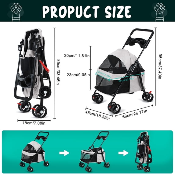 Porfeet 4 Wheels Dog Cat Stroller, Outdoor Travel Pet Folding Stroller, Dog Cat Cage Stroller with Cup Holder, Breathable and Visible Mesh for Small Dog,Grey