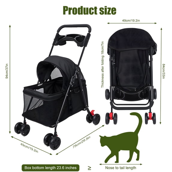 Porfeet 4 Wheels Dog Cat Stroller, Outdoor Travel Pet Folding Stroller, Dog Cat Cage Stroller with Cup Holder, Visible Window for Medium Small Dog,Pink