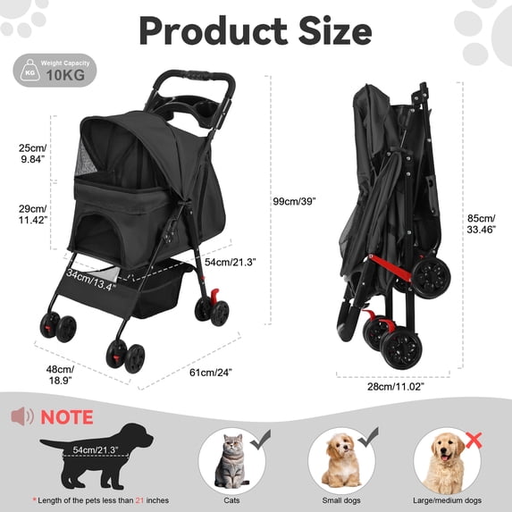 Porfeet 4 Wheels Pet Stroller, Foldable Cat And Dog Stroller with Mesh Windows, Cup Holder, Storage Basket, Breathable Pet Strolling Cart Holds up to 22lbs,Black