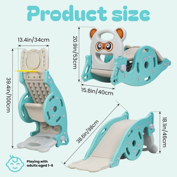 Porfeet 4-in-1 Kids Slide Rocking Toy, Portable Combination Slide for Children, Rocking Horse with Basketball Hoop, Convertible Freestanding Slide for Age 1-6 Boys And Girls,Green