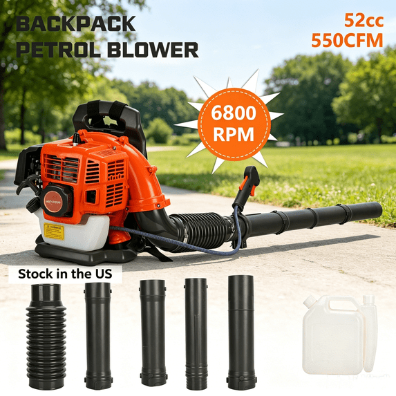 Porfeet 52CC Backpack Leaf Blower Gas Powered,550CFM 2-Stroke Engine Gas Leaf Blower,Powerful Air Cooling Gasoline Backpack Blower Snow Blower for Garden Yard,Orange