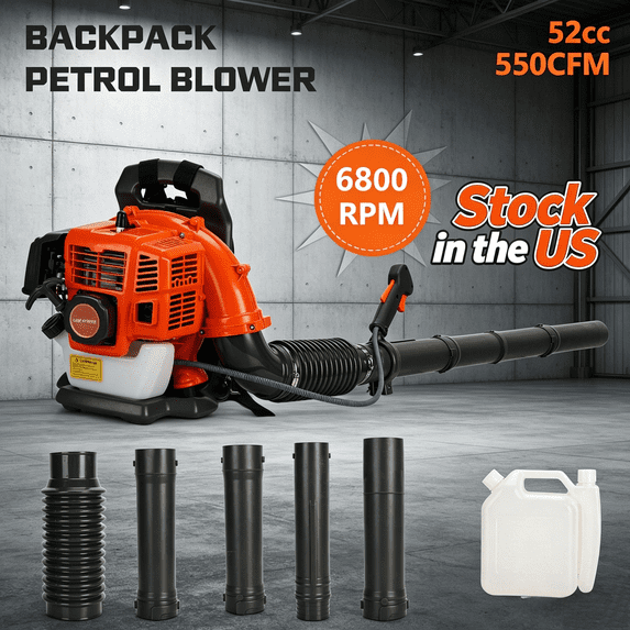 Porfeet 52CC Gas Backpack Leaf Blower,550 CFM Professional Commercial Grade Handheld Blower with Variable Speed, Easy Start Engine for Yard Waste, Lawn Debris, Leaves,Orange