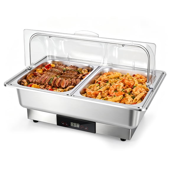 Porfeet 600W Electric Chafing Dish Buffet Set, 9.5 QT Buffet Food Server with Temp Control Display, Roll Top Stainless Steel Food Warmer with 1 Full Size Pan and 2 Half-Size Pan