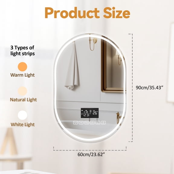 Porfeet 60x90cm Smart Bathroom Mirror Light, Wall-Mounted Vanity Mirror, Oval LED Bathroom Mirror with Lights, Bluetooth-compatible Speaker, 3 Colors Temperature, Shatter-Proof,US Plug,60x90cm