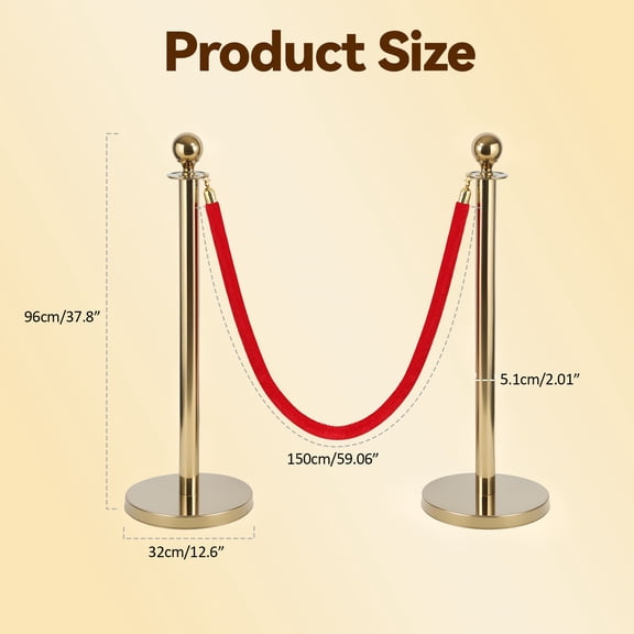 Porfeet 6Pcs Golden Stanchion Posts with 4 Red Velvet Ropes, Water/Sand/Concrete Fillable Base Crowd Control Barriers, Queue Management Safety Barriers Poles for Party, Prom, Wedding,Golden