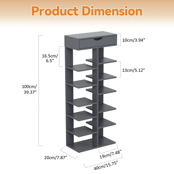 Porfeet 7 Tiers Double Row Shoe Rack, Space Saving Shoe Organizer Shelf, Free Standing Tall Shoe Rack for Hallway, Entryway, Closet, Living Room, Small Spaces,Grey