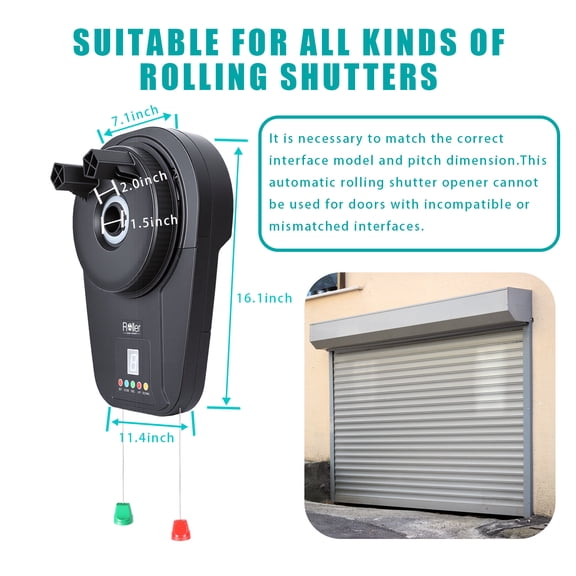 Porfeet Automatic Roll-Up Door Opener,800N 1/2HP Motor Garage Door Opener, 2 Remote Controls Included, Direct Current Electric Automatic Door Opener
