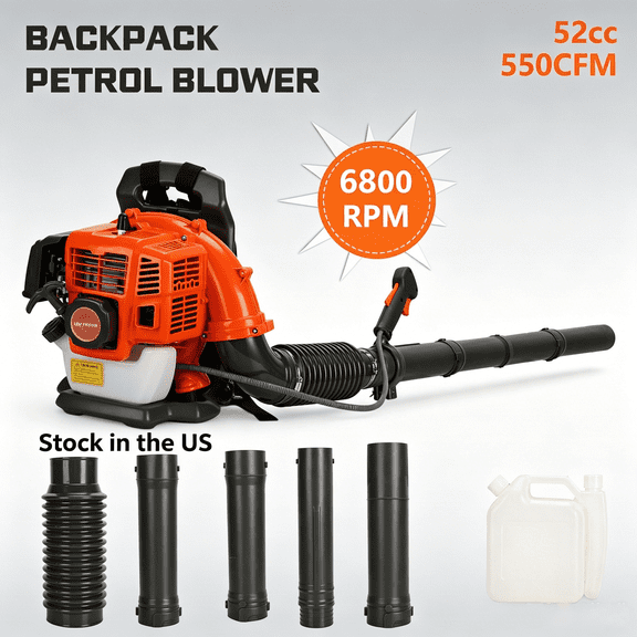 Porfeet Backpack Leaf Blower, 52CC 2-Stroke Orange Gas Powered Leaf Blower, 550CFM, 1.25KW Air-Cooled Power Blower, Snow Blower for Lawn Care, Yard Dust Debris