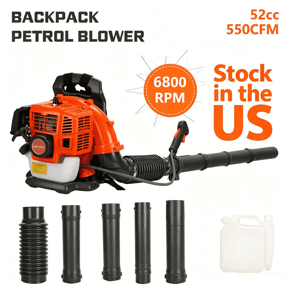 Porfeet Backpack Leaf Blower Gas Powered, 52 CC 550CFM 2-Stroke Engine Gas Leaf Blower Backpack, Air Cooling Gasoline Garden Snow Blower for Lawn Yard (Orange)