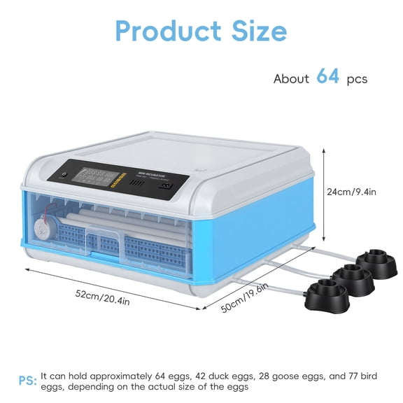 Porfeet Chicken Egg Incubator, Incubators for Hatching 64 Eggs, Quail Egg Incubator with Automatic Egg Turning, Humidity Monitor, Temperature Control, Multiple Automatic Incubation Modes,Blue
