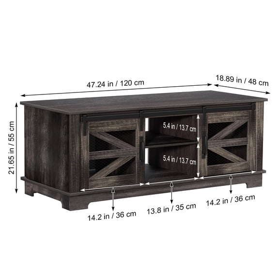 Porfeet Coffee Table, Barn Style Coffee Table with Storage, Center Table with Mesh Barn Door and Adjustable Shelf, Living Room Table, Dark Brown,Ebony