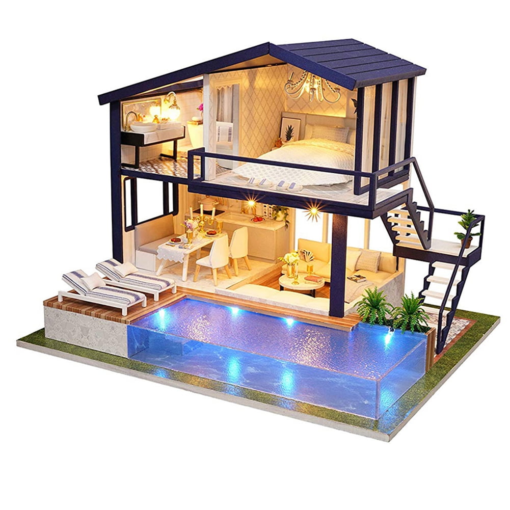 Porfeet DIY Miniature Dollhouse Furniture Swimming Pool Building Villa Model Kids Toy Walmart