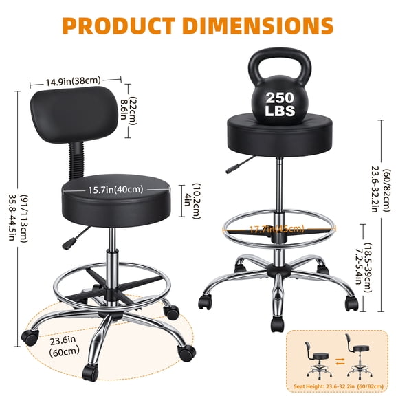 Porfeet Drafting Stool with Backrest, Height Adjustable Office Desk Chair, Faux Leather Swivel Round Rolling Stool with Adjustable Foot Rest for Office Spa Studio Lab Counter Salon Home Use,Black