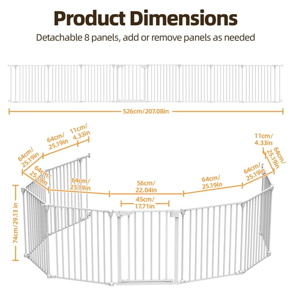 Porfeet Extra Wide Pet Safety Gate, Auto Close Baby Fence Barrier with Door, DIY Safety Gate for Kids Dogs Cats, Foldable Pet Playpen for Stairs Doorways Yards,White,8pcs