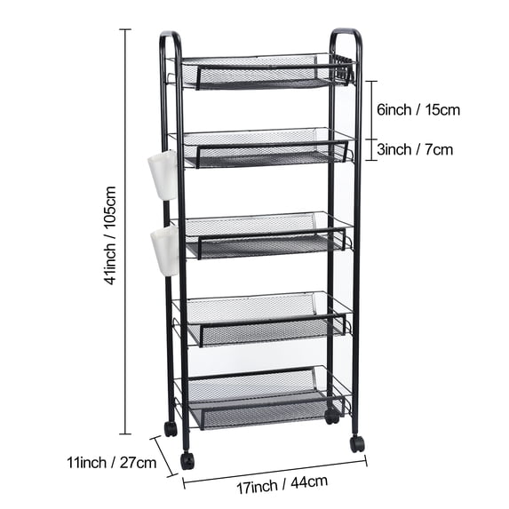 Porfeet Fruit Vegetable Storage Basket,5 Tier Stackable Metal Mesh Storage Basket with 360 Degree Wheels,Fruit Vegetable Produce Basket Storage Organizer for Kitchen, Pantry, Bathroom,Black