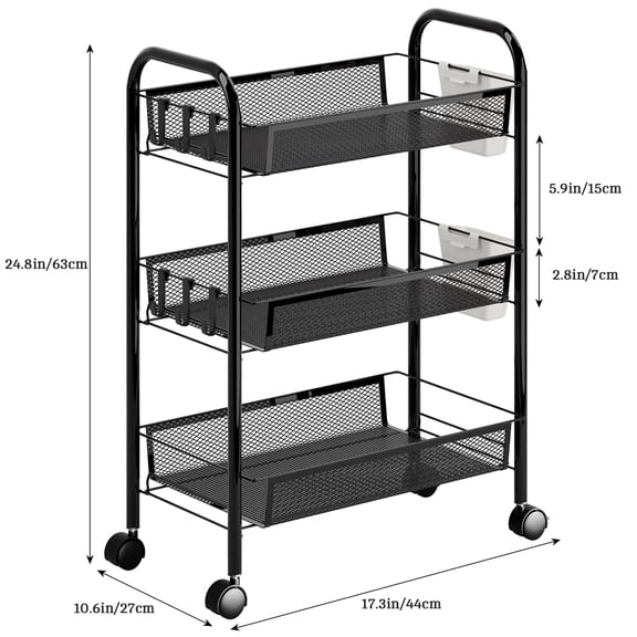 Porfeet Fruit Vegetable Storage Basket,Stackable Metal Mesh Storage Basket with 360 Degree Wheels, Fruit Vegetable Produce Basket Storage Organizer for Kitchen,Pantry,Bathroom,Black,3-Layers