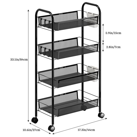 Porfeet Fruit Vegetable Storage Basket,Stackable Metal Mesh Storage Basket with 360 Degree Wheels, Fruit Vegetable Produce Basket Storage Organizer for Kitchen,Pantry,Bathroom,Black,4-Layers
