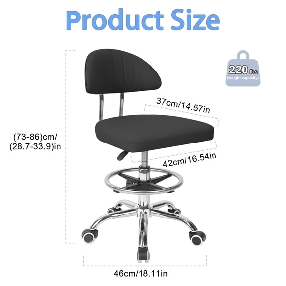 Porfeet Height Adjustable Office Chair, 360-Degree Swivel Drafting Chair, with Backrest and Foot Rest, 220lbs Load-Bearing, Ergonomic Rolling Computer Chair for Home Office Studio Dental Salon,Black