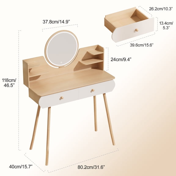 Porfeet Makeup Vanity Desk with LED Lighted Mirror, Vanity Table with 2 Drawers and Opening Shelves, Bedroom Dressing Table, 3 Modes Brightness Adjustable,Wooden Color