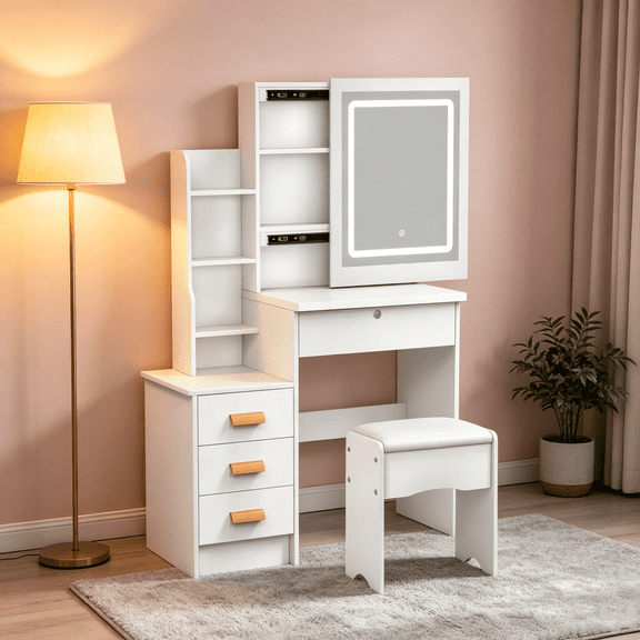 Porfeet Makeup Vanity Desk with Mirror and Lights,Vanity Table with Sliding Mirror & Drawers & Storage Shelves & Stool,Brightness Adjustable,3 Lighting Mode for Bedroom,White