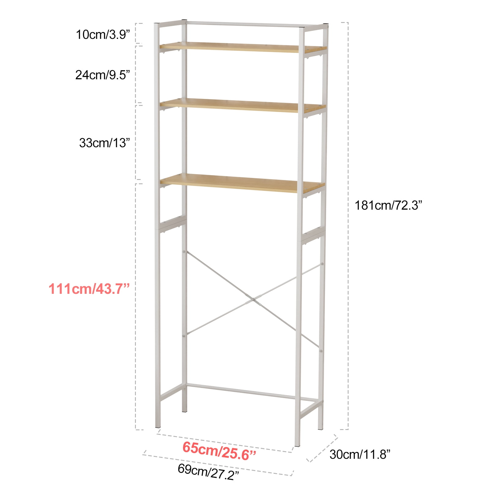 Porfeet Medium Over Washer and Dryer Shelves, 3-Tiers Bathroom Storage Shelf, Washing Machine Storage Utility Rack, Laundry Room Storage and Organizer Standing Shelf,White