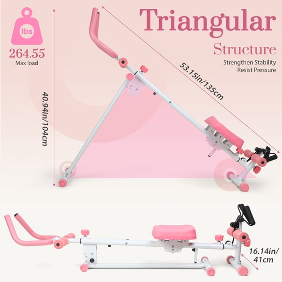 Porfeet Multi-Functional Rowing Machine, Home Gym Rowing Machines, Folding AB Workout Machine, Abdominal Rowing Fitness Equipment for Home Use, Max 120kg,Pink-White