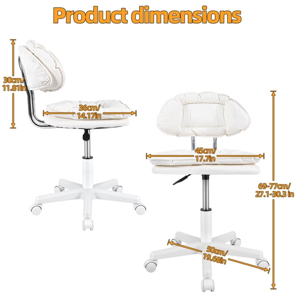 Porfeet Office Desk Chair with 360 Degree Swivel Wheels, Armless Faux Leather Vanity Chair with Back, Height Adjustable Rolling Computer Task Chair for Home Office, Study, Meeting Room,White L