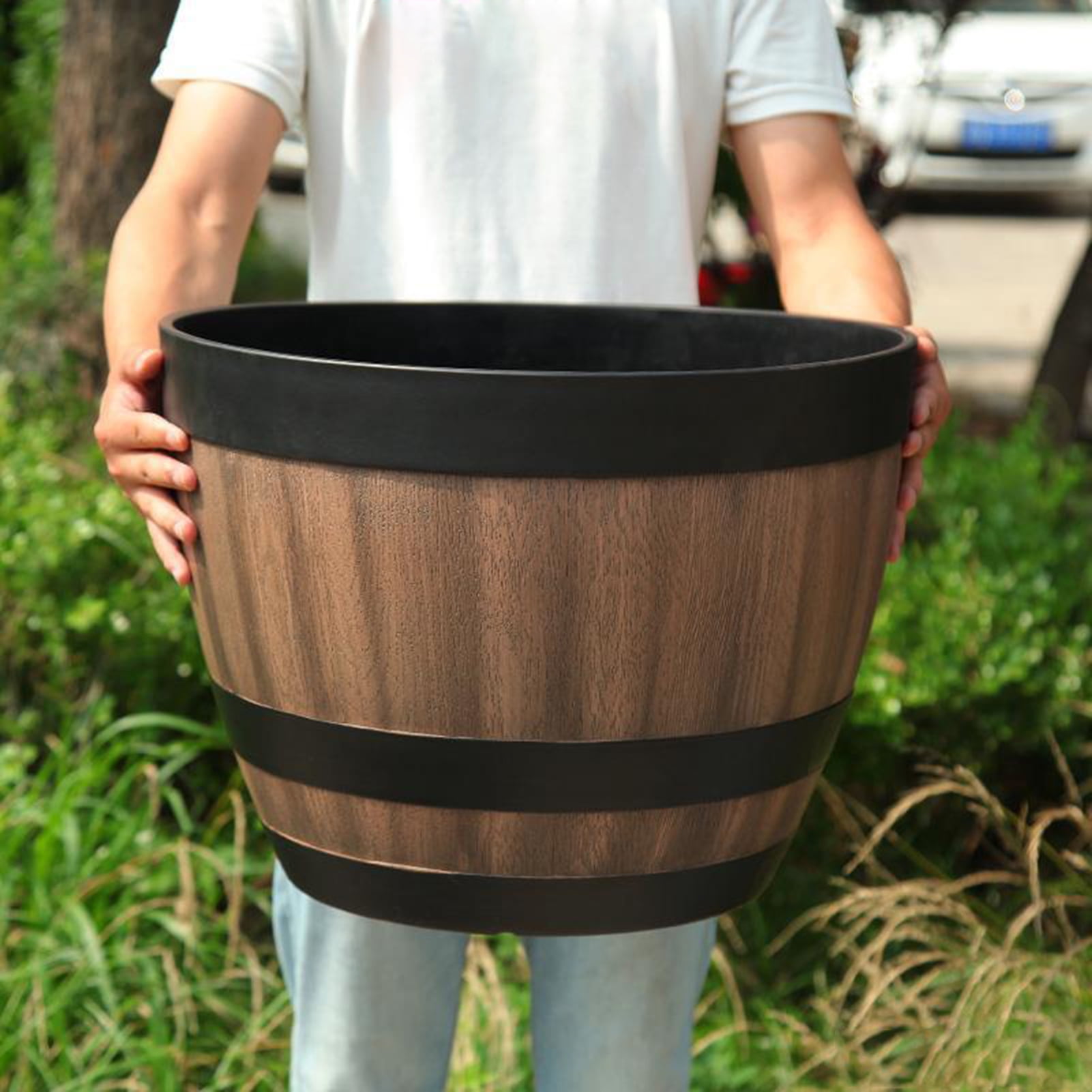 Hevirgo Plant Pot Faux Whiskey Barrel Shape Home Decor Plastic Indoor  Outdoor Yard Patio Flowerpot for Garden,1
