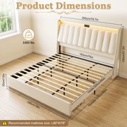 Porfeet Platform Bedstead, King Size Bed Frame, Upholstered Bed Frame with RGB LED Lighting, Charging Station, Storage Space, No Mattress, 220cmx200cmx130cm,Beige