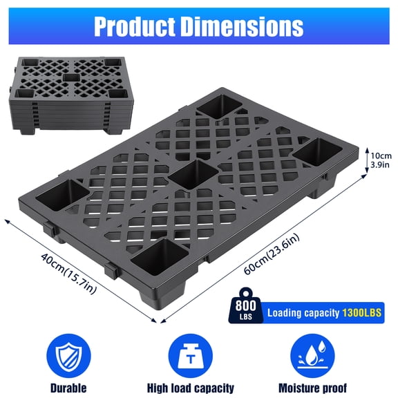 Porfeet Porfeet 8Pcs Heavy-Duty Plastic Pallet with Ventilated Grid, Stackable and Interlocking HDPE Storage Platform, 23.6x15.8x3.9 Inches, Waterproof Anti-Slip Floor Board, Black