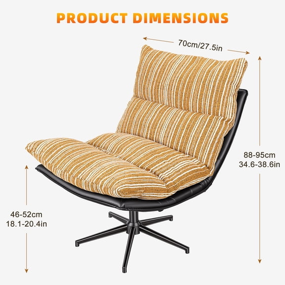 Porfeet Rocking Swivel Accent Chair, Oversized Comfy Reading Chair with 360-degree Swiveling, 3 Levels Adjustable Backrest, Ergonomic Reclining Lounge Chair,Yellow,Stripe