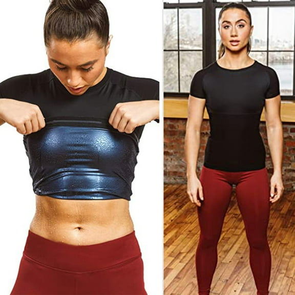 Porfeet Sauna Top Heat Trapping Round Neck Soft Women Body Shaper Sweat Suit Sleeve for Workout,Black + Blue L