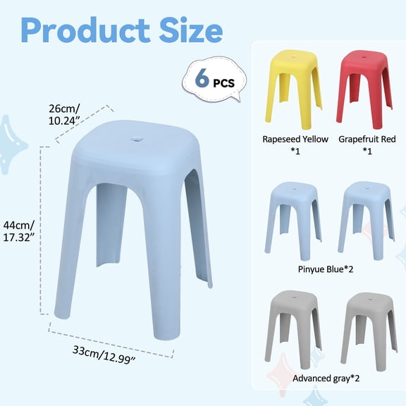 Porfeet Stackable Stools, 17 Inch Plastic Nesting Stools, Classroom Stools Backless Chairs for Home Party, Office, School, Students, Adults, Dining Room, Living Room,6pcs