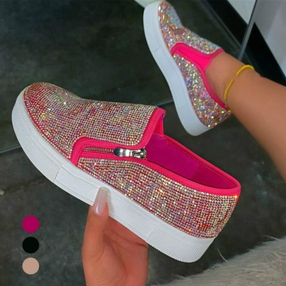 Porfeet Stylish Women Slip On Shiny Rhinestone Zipper Platform Shoes Low-cut Sneakers,Black 38