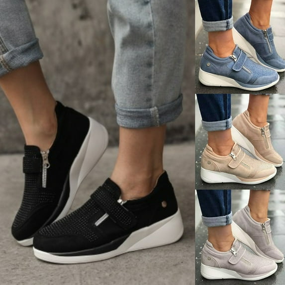 Porfeet Women Casual Magic Tape Zipper Wedge Shoes Anti Skid Platform Sneakers Footwear,Khaki 36