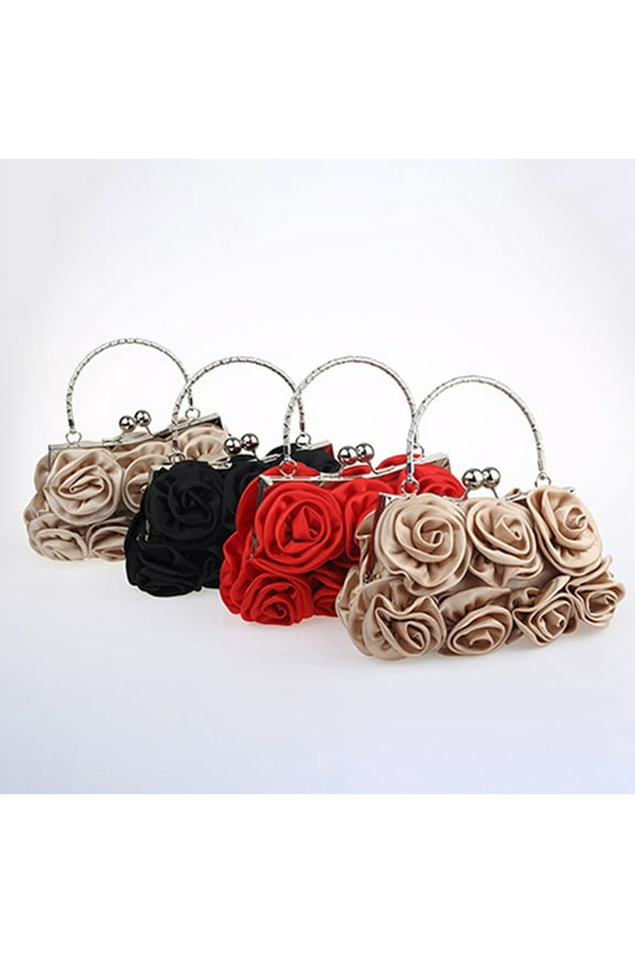 Women Fashion Rose Flower Pattern Faux Silk Handbag Bridal Clutch Bag for Wedding Evening Party,Apricot