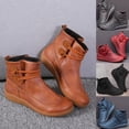 thumbnail image 1 of Porfeet Women Faux Leather Lace Up Low Heel Flat Ankle Boots Plush Liner Warm Shoes,Brown 37, 1 of 10