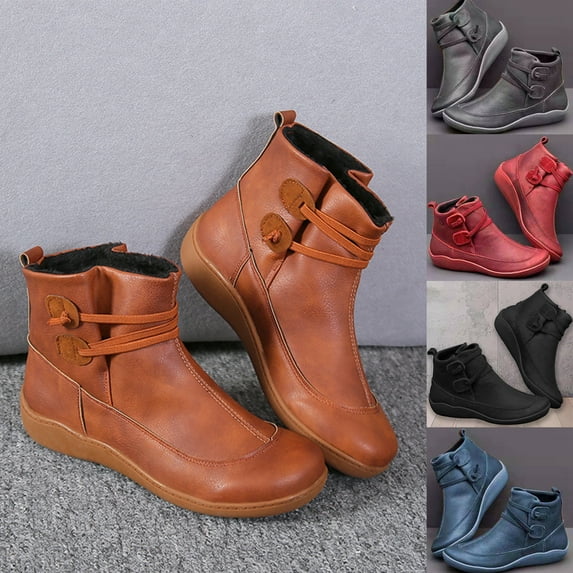 Porfeet Women Faux Leather Lace Up Low Heel Flat Ankle Boots Plush Liner Warm Shoes,Brown 37