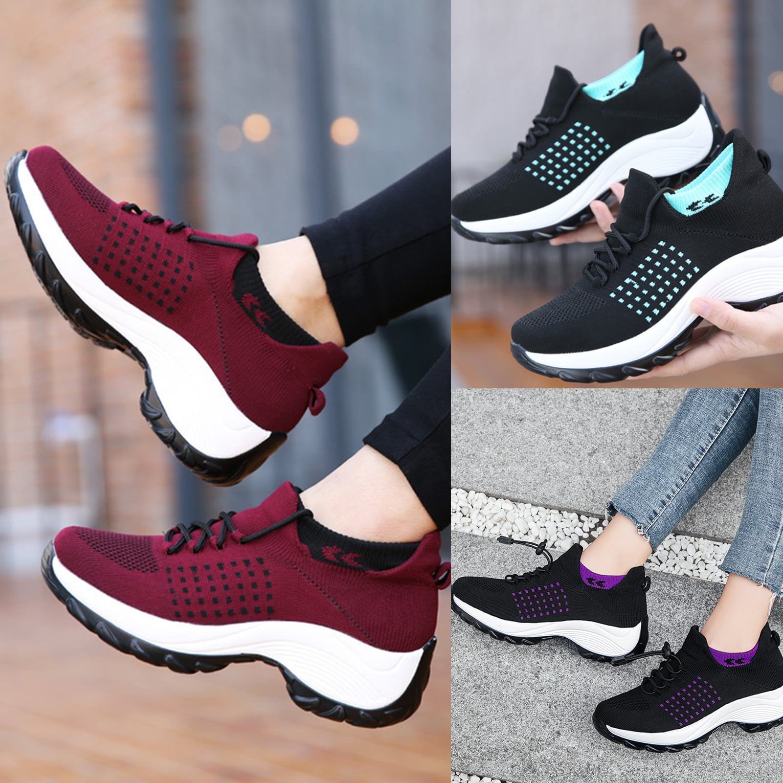 Porfeet Women Lace-up Arch Support Breathable Sneakers Running Platform Tennis Shoes,Black 40
