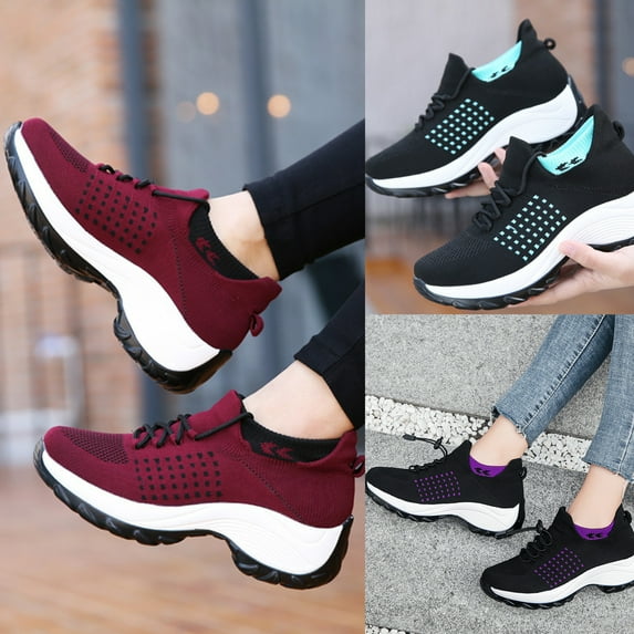 Porfeet Women Lace-up Arch Support Breathable Sneakers Running Platform Tennis Shoes,Date Red 38