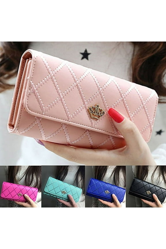 Women Quilted Crown Clutch Long Purse Faux Leather Wallet Card Holder Handbag,Pink