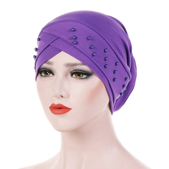 Porfeet Women's Beads Elastic Turban Hat Cancer Chemo Cap Hijab Head Wrap