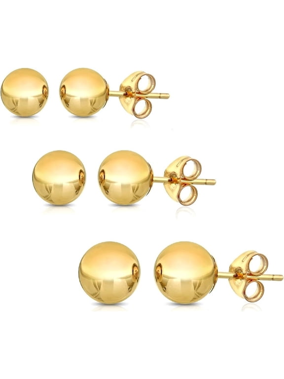 14K Gold Earrings Solid Ball Stud Set 3 mm 4 mm 5 mm, Yellow Gold, 3-Pair Pack