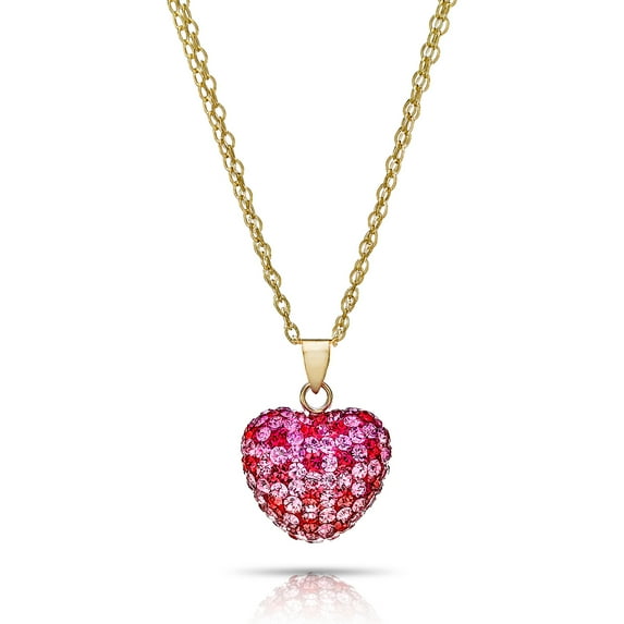Pori Jewelers 14K Solid Gold Pave Multicolor Rose, Siam Crystal Puff Heart Pendant Nk Made Wswarovski Elements