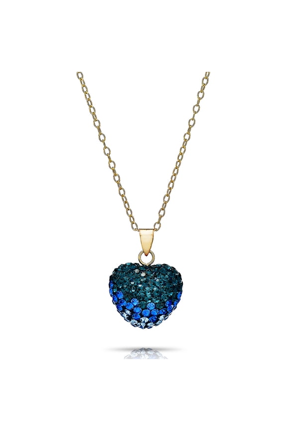 14K Solid Gold Pave Multicolor Shade Sapphire Crystal Puff Heart Pendant Nk Made Wswarovski Elements