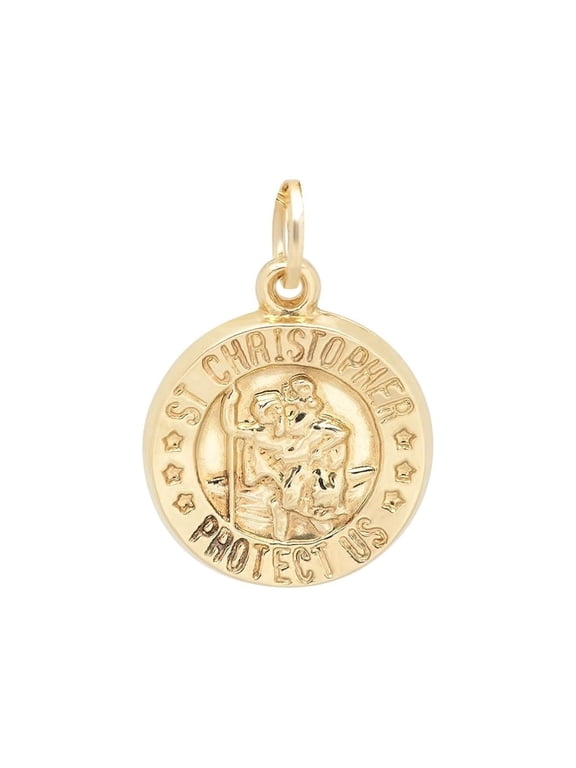 14K Solid Gold Saint Christopher Religious Medallion Pendant w/Necklace, 13mm x 15.33mm