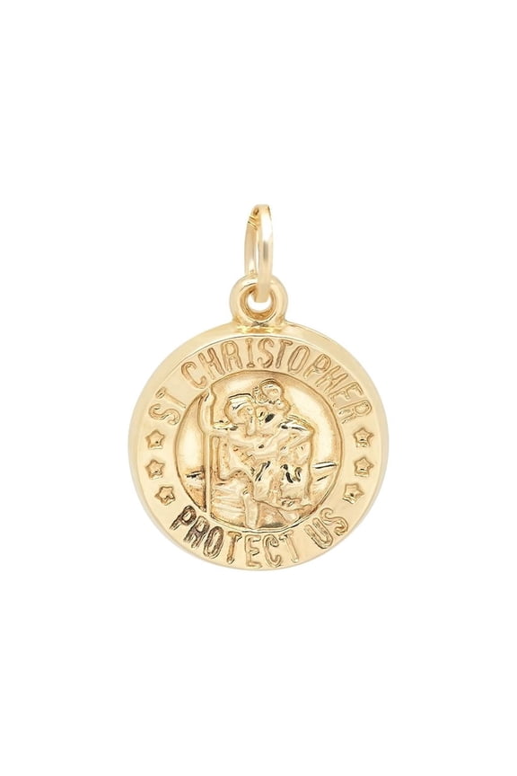 14K Solid Gold Saint Christopher Religious Medallion Pendant w/Necklace, 13mm x 15.33mm