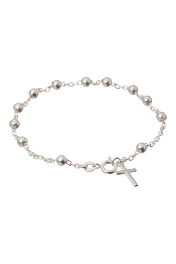 Italian Sterling Silver 4mm, 7.5" Round Bead Cross Bracelet Women