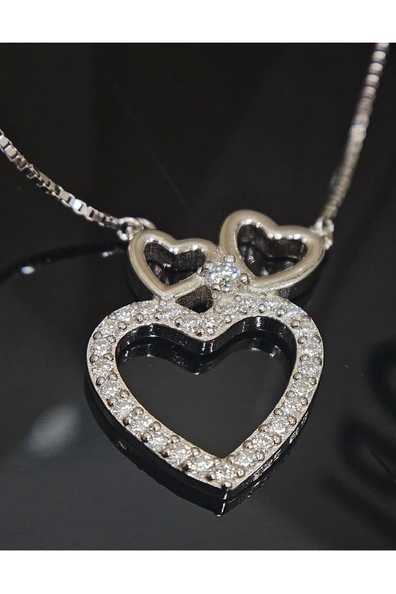 Silver 925 0.384ct, Clarity VVS1 Color D, Pave Heartx3 Shapped Moissanite 2.5MM Pendant station / Box Chain Necklace - Simulated Diamond Gift for Woman