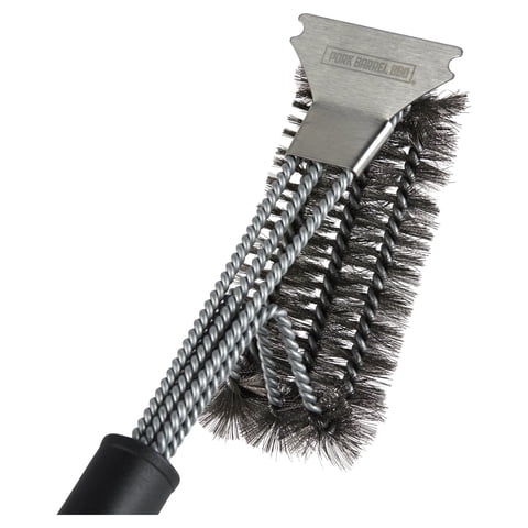 Pork Barrel BBQ Heavy Duty Grill Brush for Outdoor Grill - 3-in-1 Stainless Steel Wire Brush, Scraper & Grill Cleaner